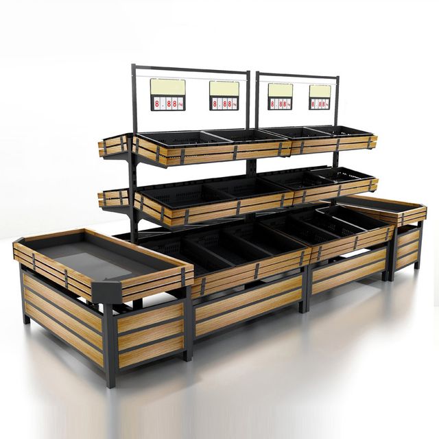 Metal Fruit and Vegetable Display Stands manufactured by Techrail Freestanding retail produce stands with fabricated angled steel shelves.