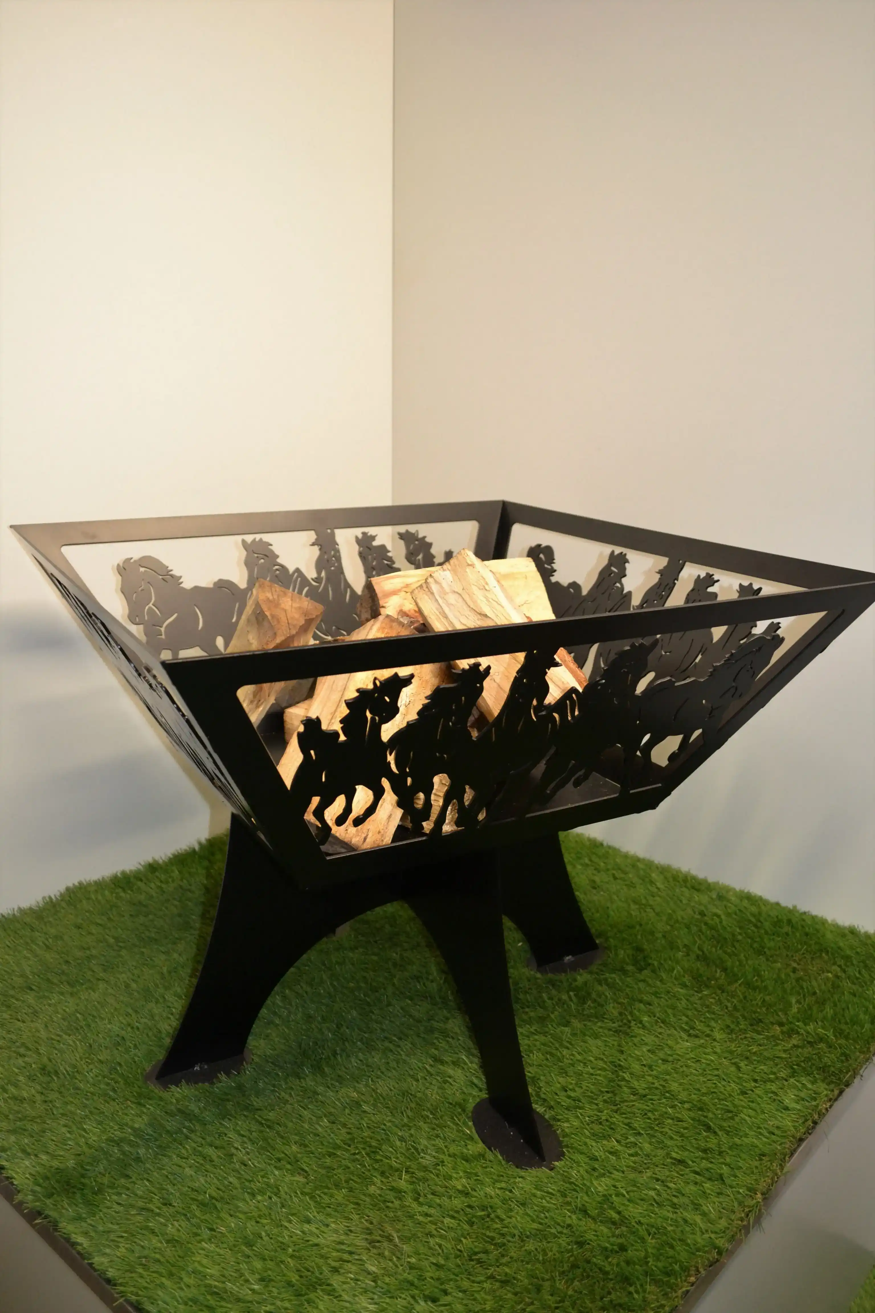 Horse-Design Laser-Cut Steel Fire Pit manufactured by Techrail Decorative outdoor fire pit with laser-cut horse silhouettes and fabricated steel legs.