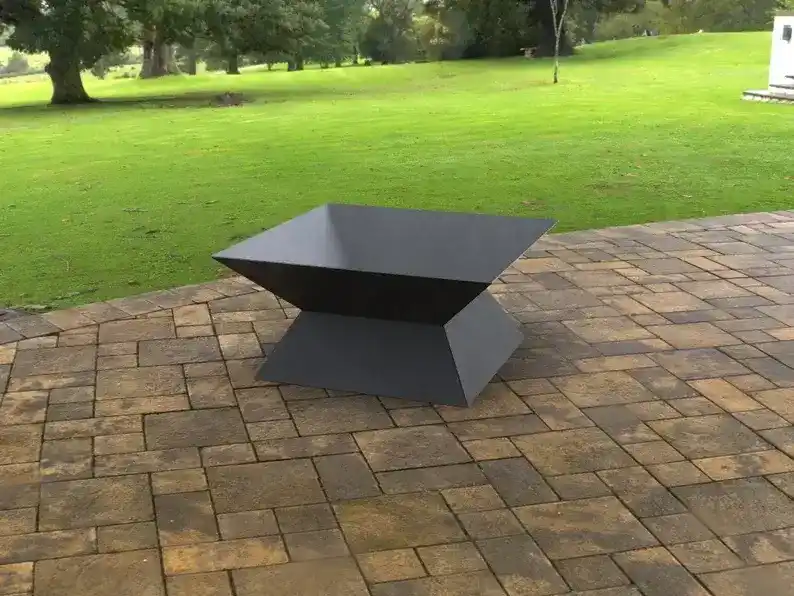 Square Fabricated Steel Fire Pit manufactured by Techrail Contemporary outdoor fire pit formed and fabricated from folded steel panels.